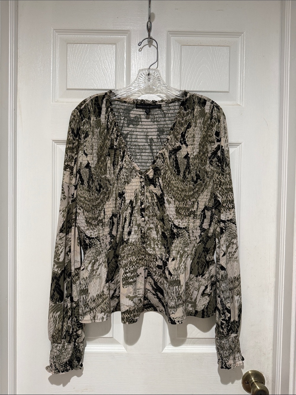 V-Neck Long Sleeve Printed Blouse in Olive and Black